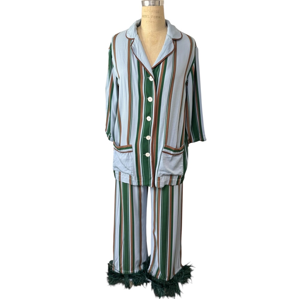 Sleeper Pajama Set Women Small Blue Green Striped Ostrich Feather Trim 2 Piece